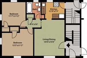 Floor plan for 2 beds, 1 bath, 847 sqft